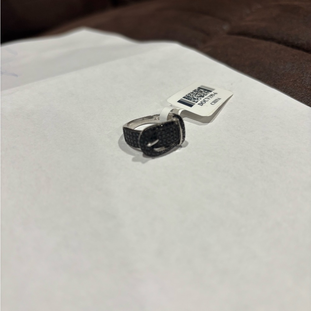NWT Black Spinel Belt Buckle Ring Rhodium over Sterling Silver Sz 6 - Picture 4 of 5